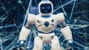 Écran d'ordinateur affichant une interface d'intelligence artificielle avec des icônes juridiques et un marteau de juge